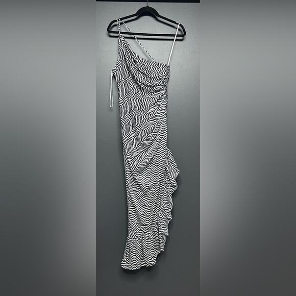 NEW Cinq A Sept Christel One-Shoulder Asymmetric Silk Midi Dress Zebra Print 8 - Picture 4 of 7